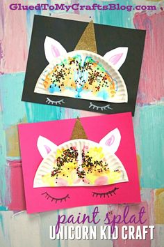 two paper plates with unicorns painted on them and the words paint splat unicorn kid craft