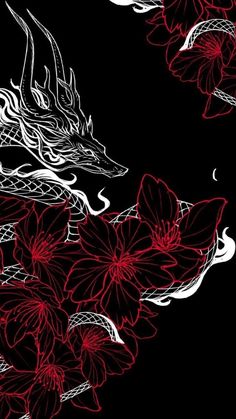 red and white flowers on black background with dragon in the middle, hand drawn illustration