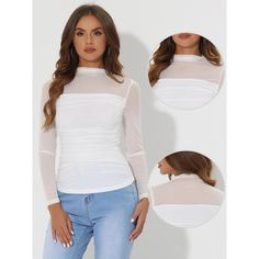 This mesh top is designed to add a touch of edgy sophistication to any outfit. A must-have option for the new season, which can add new styles to your wardrobe. Suitable for spring, autumn, winter, and many occasions, such as work out, office, daily wear, meetings, shopping, party, and so on. Style it with a pair of jeans, or casual pants for a stylish look. White Stretch Mesh Top With Crew Neck, Elegant White Stretch Mesh Top, Stand Collar Blouse, Floral Lace Blouse, Peplum Shirts, Cowl Neck Long Sleeve, Sheer Shorts, Sweater Tank Top, Mesh Long Sleeve