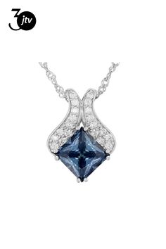 Pre-Owned Moissanite Fire�� and blue moissanite 3.20ctw diamond equivalent weight square princess cut and round brilliant, Platineve�� pendant with 18 inch Singapore chain. Measures approximately 3/4" L x 9/16" W. Chain has a two inch extender and a lobster clasp. Actual moissanite weight is 2.71ctw..  This product may be a customer return, vendor sample, or on-air display and is not in its originally manufactured condition.  It may not be new.  In some instances, these items are repackaged by J Diamond White Sapphire Princess Cut Jewelry, Diamond White Sapphire Jewelry With Princess Cut, Princess Cut Sapphire Jewelry In Diamond White, Princess Cut Diamond White Sapphire Jewelry, Sapphire Jewelry With Princess Cut Center Stone, Princess Cut Sapphire Jewelry With Diamond Accents, Blue Radiant Cut Diamond Accented Jewelry, Blue Diamond Square Cut Jewelry, Princess Cut Diamond Gemstone Jewelry