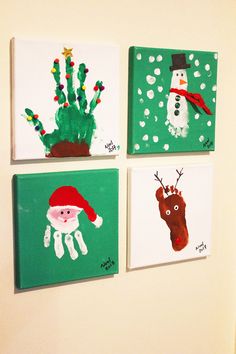 three paintings on the wall depicting christmas decorations