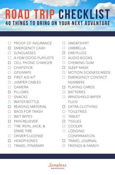 the road trip checklist is shown in blue and white with clouds above it,