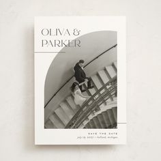 the front cover of oliva and parker's book save the date, featuring an image of two people walking up stairs