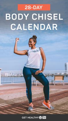 a woman doing yoga poses with the words body chisel calendar in front of her