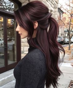 Long Hair Trends 2024, Mahagony Hair Color, Long Sleek Ponytail, Dark Mahogany Hair, Dark Burgundy Hair Color, Long Shaggy Bob, October Hair, Trendy Fall Hair Color, Dark Fall Hair Colors