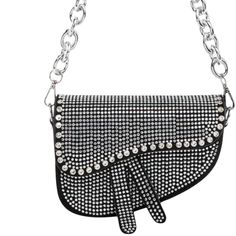 Product Details: Type: Crossbody/clutch bag, saddle, kidney shapedComposition: Rhinestone, metal and faux leatherColor: BlackStrap Type: Chain shoulder strap, top handle (silver)Closure: SnapMagnetic: YesPockets: N/AEmbellished: Rhinestone Bag Size: SmallDimensions: 6.5L x 5H x 3WShips: 5 days via USPS Silver Rhinestone Shoulder Bag For Night Out, Rhinestone Bag, Crossbody Clutch, Strap Top, Top Handle, Saddle, Clutch Bag, Shoulder Strap, Things To Sell