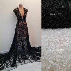 ♛ Heavy black lace fabric with a decorative pattern for an enchanting wedding dress look. Of course, you can also use this for evening dresses, tops, trousers, overalls or costumes. ♛ ARTICLE NO. AND COLOUR: Item no.: LL-1271 Colour: black Net: black Yarn: black Beads: black Sequins: black Buggle beads: black Item no.: LL-1547 Colour: off-white Net: off-white Yarn: off-white Beads: off-white Sequins: transparent Buggle beads: off-white ♛ SIZE: Width: 130 cm Length: 1 metre INFO: If you buy more Black Lace Overlay Wedding Dress, Black Embellished Embroidered Fabric For Wedding, Embroidered Fitted Lace For Party, Fitted Embroidered Lace For Party, Elegant Lace Sequin Fabric For Evening, Evening Fitted Lace Sequin Fabric, Elegant Evening Sequin Lace Fabric, Black Lace Patchwork Dress For Wedding, Black Wedding Dress With Lace Patchwork