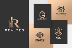 the logos for real estate companies are shown in different colors and styles, including gold