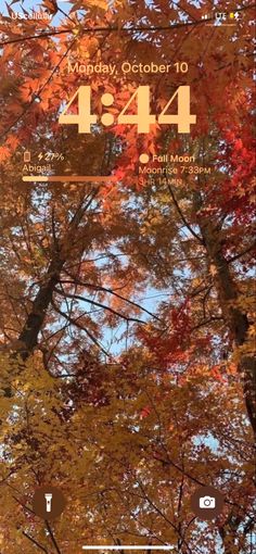 an iphone screen showing the time and location of fall leaves in front of a blue sky