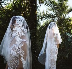 the back of a bride's wedding dress and veil