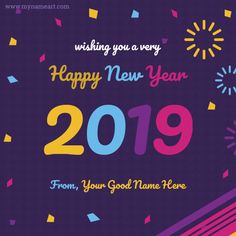 happy new year 2019 with fireworks and confetti on purple background for your name here