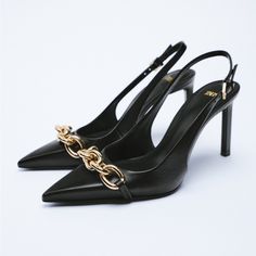 Genuine Zara New With Tag Color: Black With Gold Chain Sexy Slingback With Chain Details. Buckle Closure At Ankle. Euro Size 39 Sandals With Skirt, Beige Sandals Heels, Navy Blue Pumps, African Shoes, Pointed Shoes, Basic Heels, Blue Pumps, Skirt Shoes, Slingback Shoes