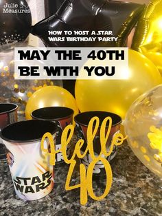 star wars birthday party decorations and balloons with the words, may the 4th be with you