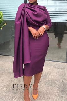 Fisdy - Elegante Sólido Patchwork Doblado Cuello Falda Lápiz Vestidos Side Drape Dress, Quarter Sleeve Dress, Purple Midi Dress, Pencil Skirt Dress, Evening Dresses For Weddings, Dresses Elegant, Bodycon Dress Parties, African Dresses For Women, Draped Dress