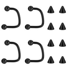 six pairs of black metal hooks with cones on them