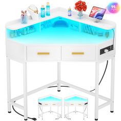 an illuminated desk with two stools underneath it