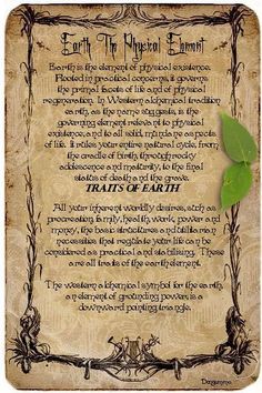 an old parchment paper with a leaf on it and the words earth, the ancient element