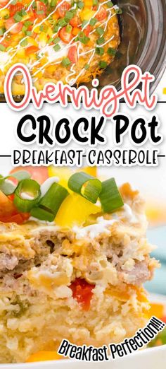 the cover of overnight crock pot breakfast casserole with text overlays