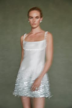 Alexandra Pijut Stella Dress in ivory silk wool with silver fringe and beading. Bridal, bride, after party, rehearsal dinner outfit. Retro Eyeliner, Stella Dress, Wedding After Party, Ivory Silk, Reception Dress, Silk Wool, Sequin Beading, Bridal Couture, Mode Inspiration