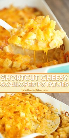 two pictures showing different types of cheesy potato casserole