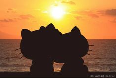 two hello kitty statues are silhouetted against an orange sunset over the ocean in japan