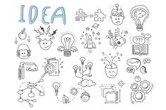 the word idea surrounded by doodles and icons