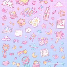 an image of some cute stickers on a blue and pink background with stars, hearts, moon, clouds, flowers