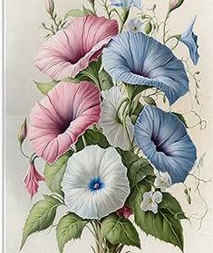 a painting of blue, pink and white flowers