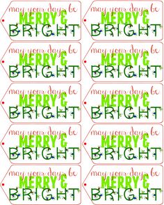 christmas tags with merry lettering on them in red, green and blue colors are shown