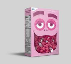 a pink box with cereal in it's mouth on a gray background that has the lid open