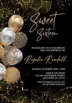 a black and gold sweet sixteen birthday party with balloons, streamers and confetti