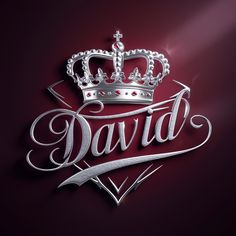 the word david with a crown on top is surrounded by silver lettering and a red background