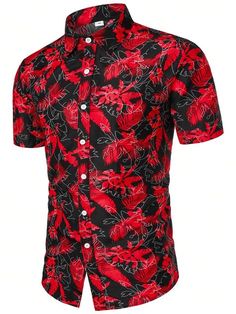 Multicolor Boho Collar Short Sleeve Fabric Tropical,All Over Print Shirt Embellished Non-Stretch  Men Clothing Red Tops With Casual Collar For Summer, Multicolor Slim Fit Shirt For Summer, Casual Multicolor Slim Fit Shirt, Casual Multicolor Slim Fit Tops, Summer Slim Fit Printed Shirt, Red Slim Fit Casual Top, Red Slim Fit Collared Top, Black Hawaiian Shirt For Spring, Multicolor Stretch Summer Shirt