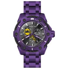 This eye-catching Invicta watch from the DC Comics collection is powered by an accurate Quartz movement, with a purple case. Its face is decorated by a black, yellow, metal dial, and protected by a sturdy Flame Fusion Crystal. A purple, stainless steel band completes this timepiece that can resist water for up to 100 m. Launched into the stratosphere in 1934, the universe of DC Comics has taken fans to the realms of limitless adventure for more than 80 years. With the debut of Superman in 1938, Dc Comics Collection, Mens Invicta Watches, Purple Cases, Best Watches, Best Watches For Men, Invicta Watches, Purple Band, 80 Years, Stainless Steel Band