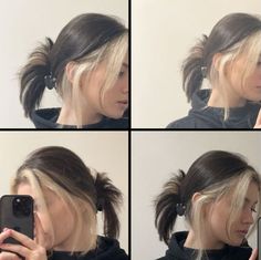 Awesome Block Dyed Hair Photo - davidreed.co Blonde Hidden Hair, Brown Front Pieces Hair, Short Tied Hair, Blond Pieces In Brown Hair, Brown Hair With Dyed Front Pieces, Hidden Color Hair Blonde, Brown Top Blonde Bottom Hair, Brown Blonde Peekaboo Hair, Bleached Back Of Hair