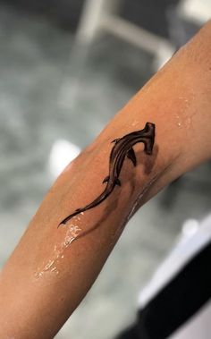 a tattoo on the arm of a person with a black lizard design on it's arm