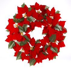 a christmas wreath with red poinsettias and green leaves on a white background