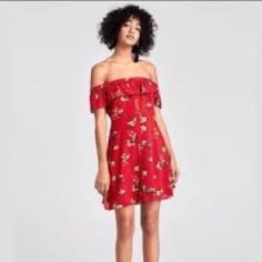 See Photos For Measurements. Casual Red Off-shoulder Dress, Casual Off-shoulder Red Dress, Red Floral Print Mini Dress For Casual Occasions, Red Buttoned Dress For Day Out, Red Button Dress For Day Out, Zara Summer Dresses With Buttons, Zara Red Mini Dress For Day Out, Bertha Collar, Zara Velvet Dress