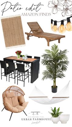 a collage of patio furniture and accessories with text overlay that reads, pro - edit amazon finds urban farmhouse