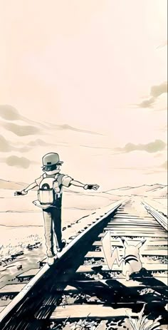 a drawing of a man walking on train tracks with his arms out to the side