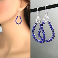 Beaded Jewelry Earrings, French Hook Earrings, Earrings Simple, Handmade Wire Jewelry, Homemade Jewelry, Blue Jewelry, Simple Jewelry, Matching Necklaces, Drop Necklace