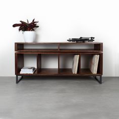 a record player sitting on top of a wooden shelf next to a potted plant