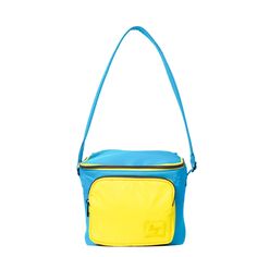 a blue and yellow lunch bag on a white background