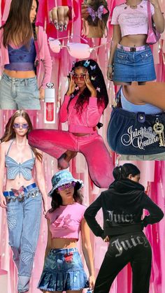 the collage shows different types of clothing and accessories on display in front of pink curtains