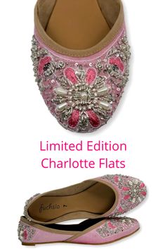 This limited edition Charlotte flat is handmade and embroidered by artisans in Pakistan. Pink, beaded ballet flats. Not only will you look cute and stylish, but you'll be comfortable! Fuchsia Shoes, Style Flats, Wedding Flats, Shine Bright Like A Diamond, Comfortable Flats, Womens Fashion Trends, Fashion Flats, Shine Bright, Latest Fashion For Women