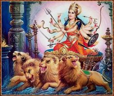 a painting of the hindu goddess sitting on top of lions and surrounded by other animals