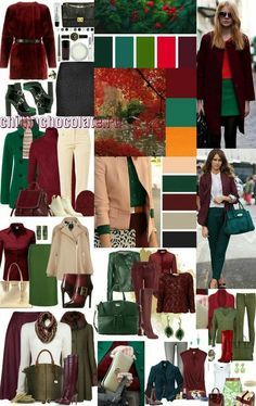 a collage of different colors and styles of women's clothing, including coats, sweaters, pants, shoes, purses