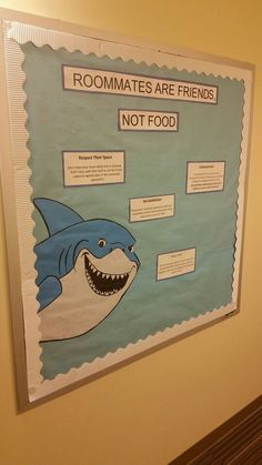 a bulletin board on the wall with information about room mates and shark's teeth