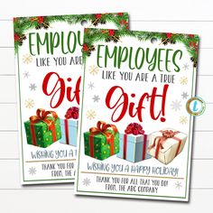 two christmas gift tags with presents on them and the words employees like you are a true or die