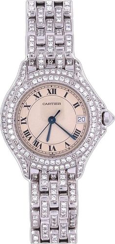 Cartier Diamond Watch With Diamond Accents, Cartier Diamond Watch With Round Dial, Formal Diamond Jewelry With Vvs Clarity, Cartier Diamond Watch White Gold 17 Jewels, Cartier Diamond Watch With Brilliant Cut, Classic Diamond White Round Diamond Watch, Cartier Diamond Watch For Wedding, Diamond Watch With Brilliant Cut, White Gold Diamond Watch With Pavé Setting